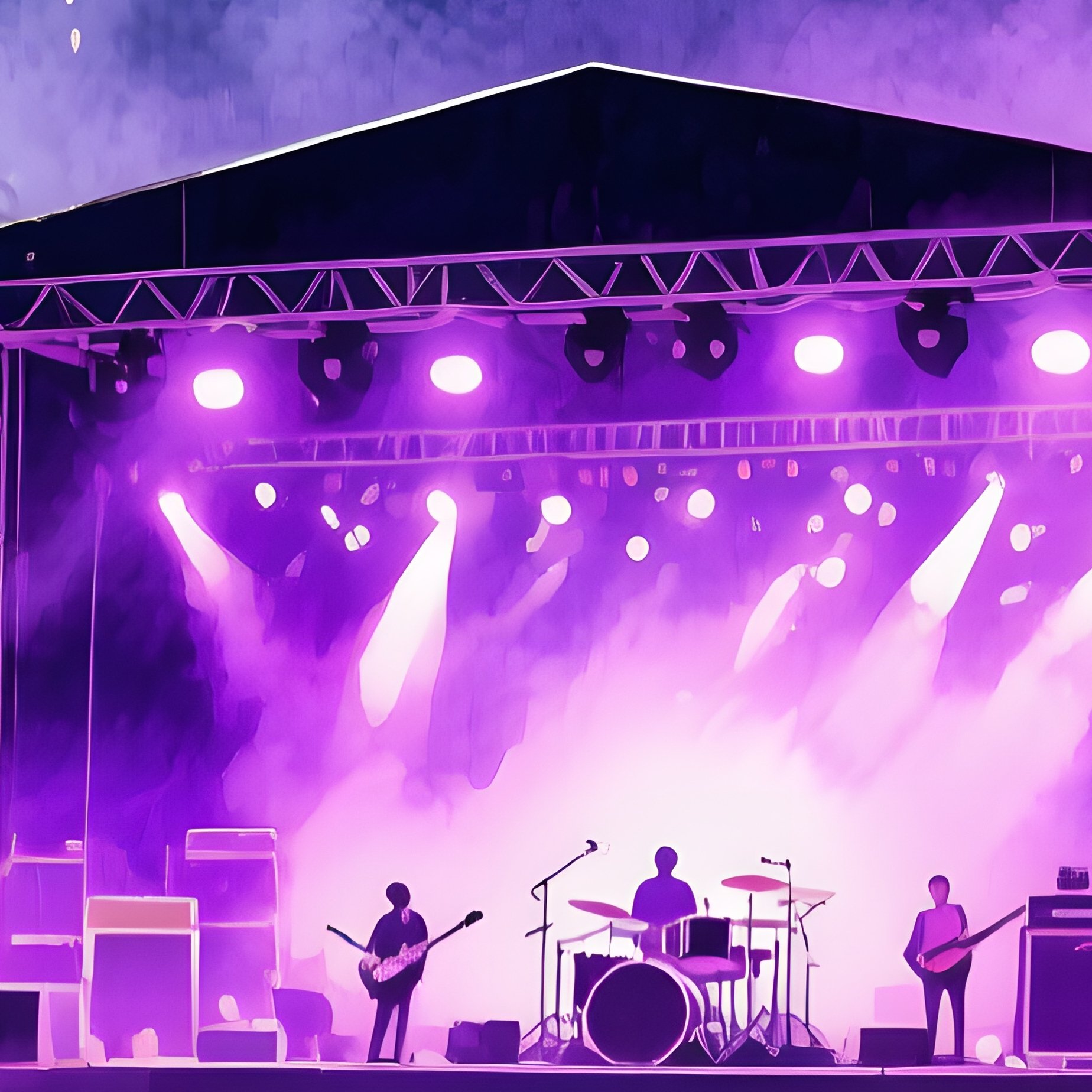 A Lively Music Festival In A Meadow At Night, Stage Lights Bathing Crowd, Watercolor Electric - Full Resolution Quality Preview