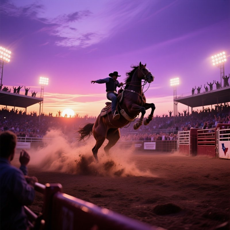 A Lively Rodeo Arena In Texas At Sunset, Dust Clouds Billowing As Riders Leap, Arena Lights