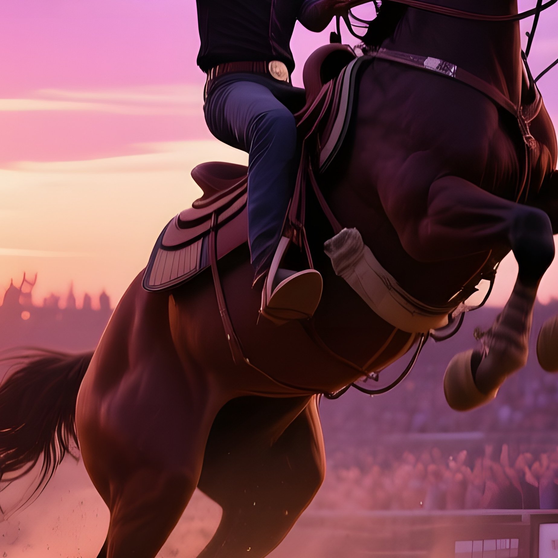 A Lively Rodeo Arena In Texas At Sunset, Dust Clouds Billowing As Riders Leap, Arena Lights - Full Resolution Quality Preview
