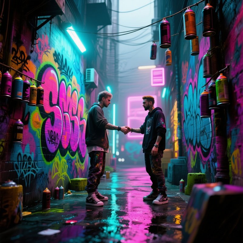 A Lively Street Art Alley With Vibrant Murals, Spray Paint Cans Hanging; A Graffiti Artist Receives