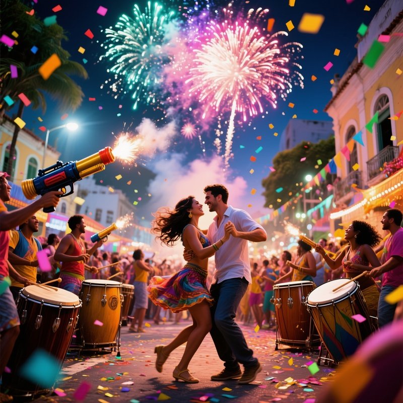 A Lively Street Carnival In Rio With Confetti Cannons, Samba Drums, A Couple Dances Close Under