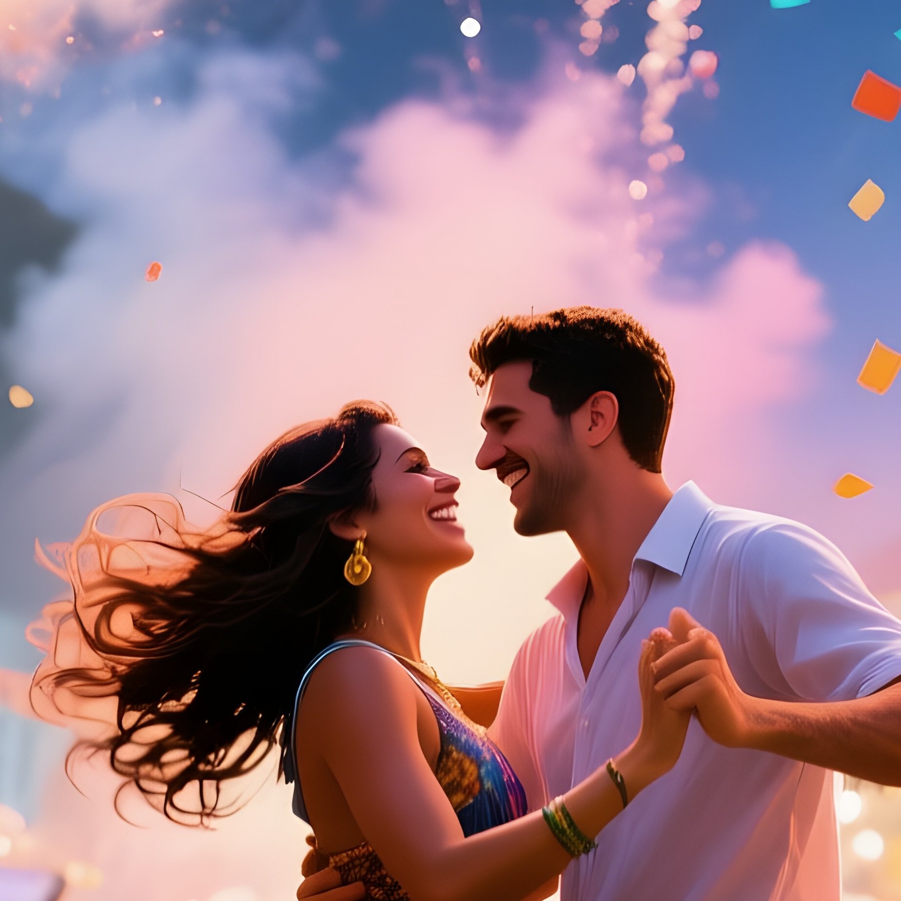 A Lively Street Carnival In Rio With Confetti Cannons, Samba Drums, A Couple Dances Close Under - Full Resolution Quality Preview