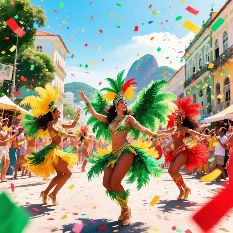 A Lively Street Carnival In Rio With Dancers In Feathered Costumes, Confetti Swirling, Watercolor