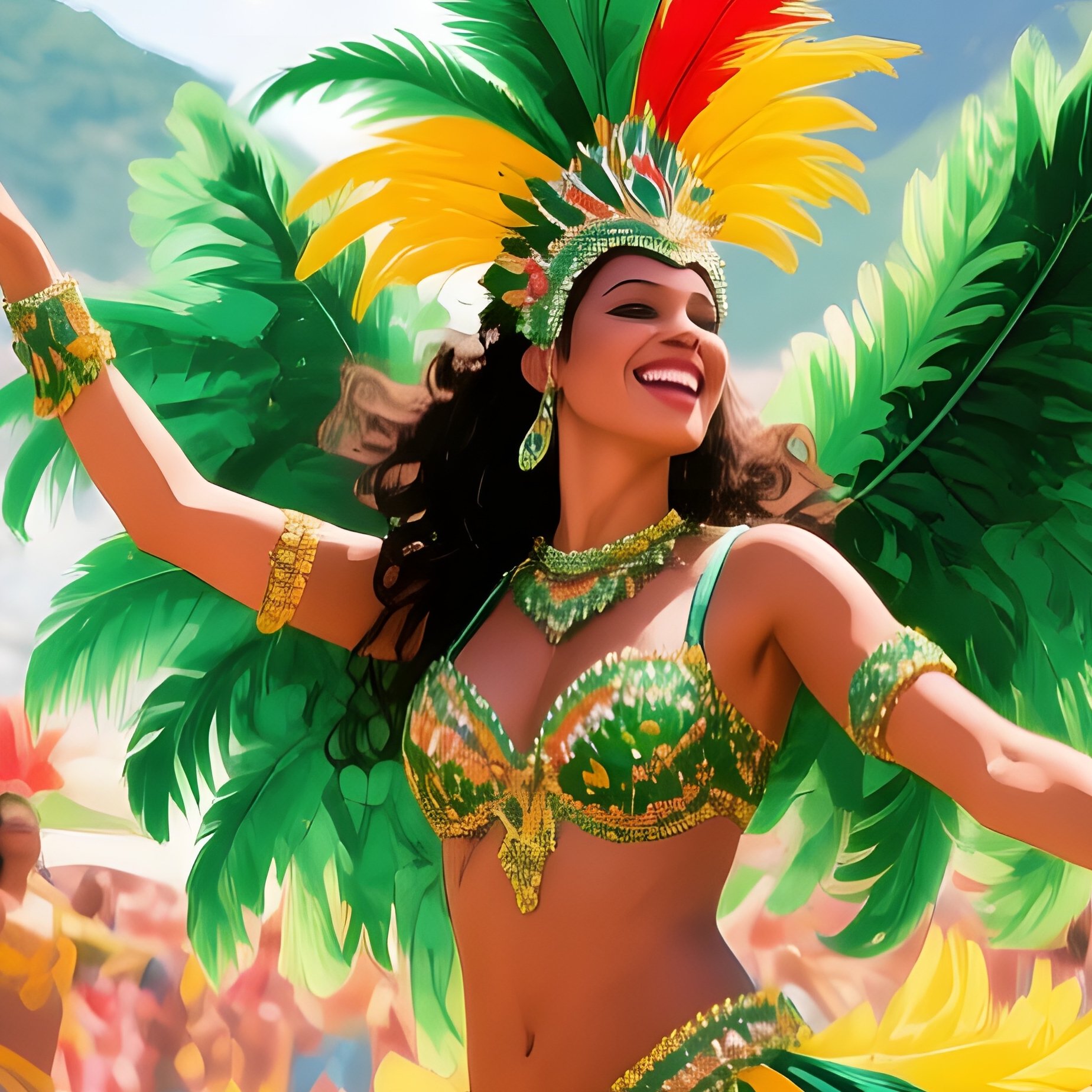 A Lively Street Carnival In Rio With Dancers In Feathered Costumes, Confetti Swirling, Watercolor - Full Resolution Quality Preview