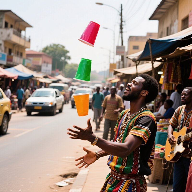A Lively Street Corner In Lagos At Midday, Bustling Traffic And Market Stalls Surrounding A