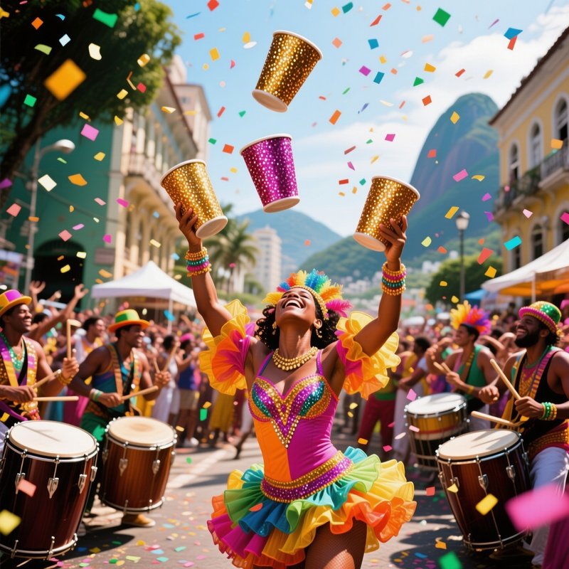 A Lively Street Festival In Rio De Janeiro During Carnival, Confetti Swirling As A Performer In