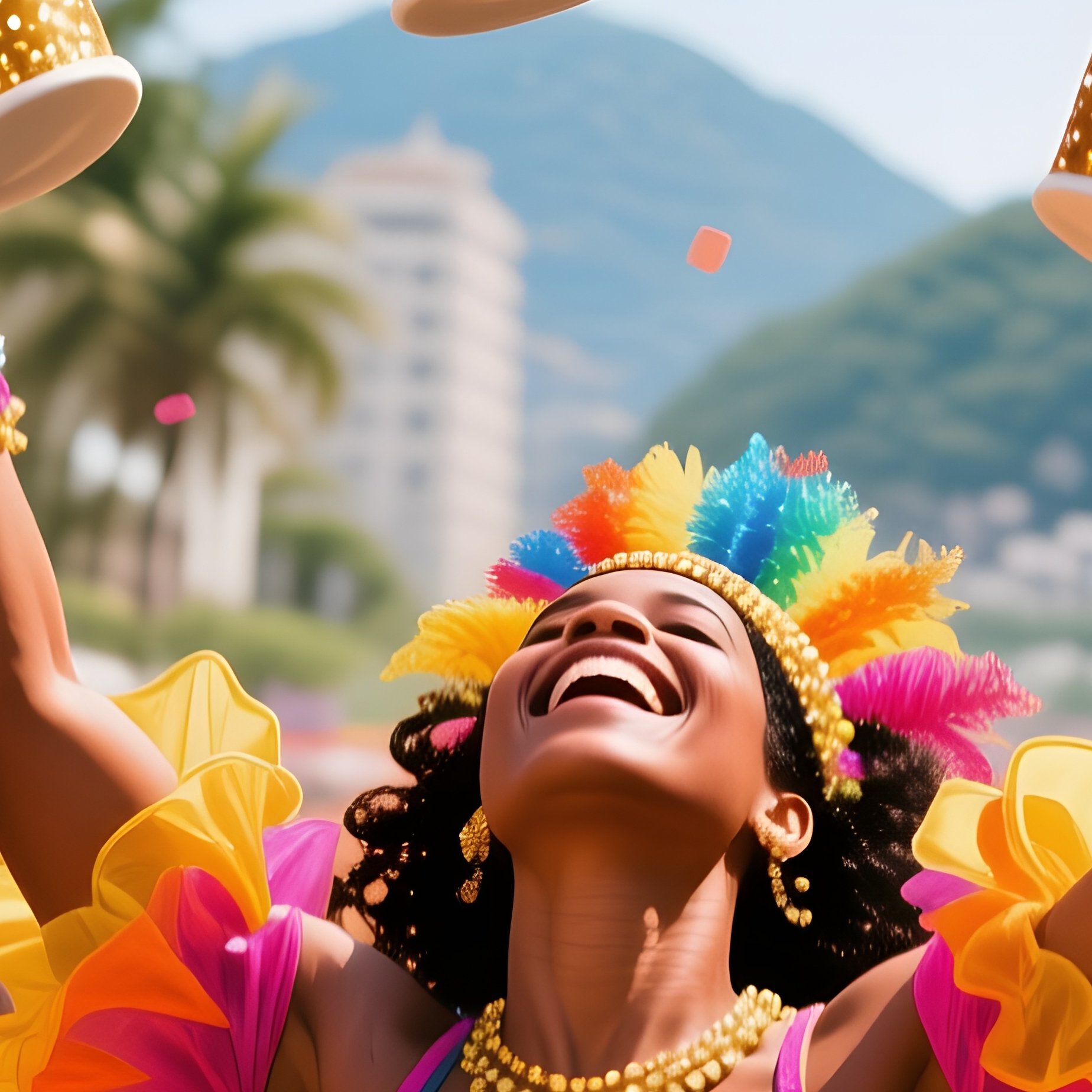 A Lively Street Festival In Rio De Janeiro During Carnival, Confetti Swirling As A Performer In - Full Resolution Quality Preview