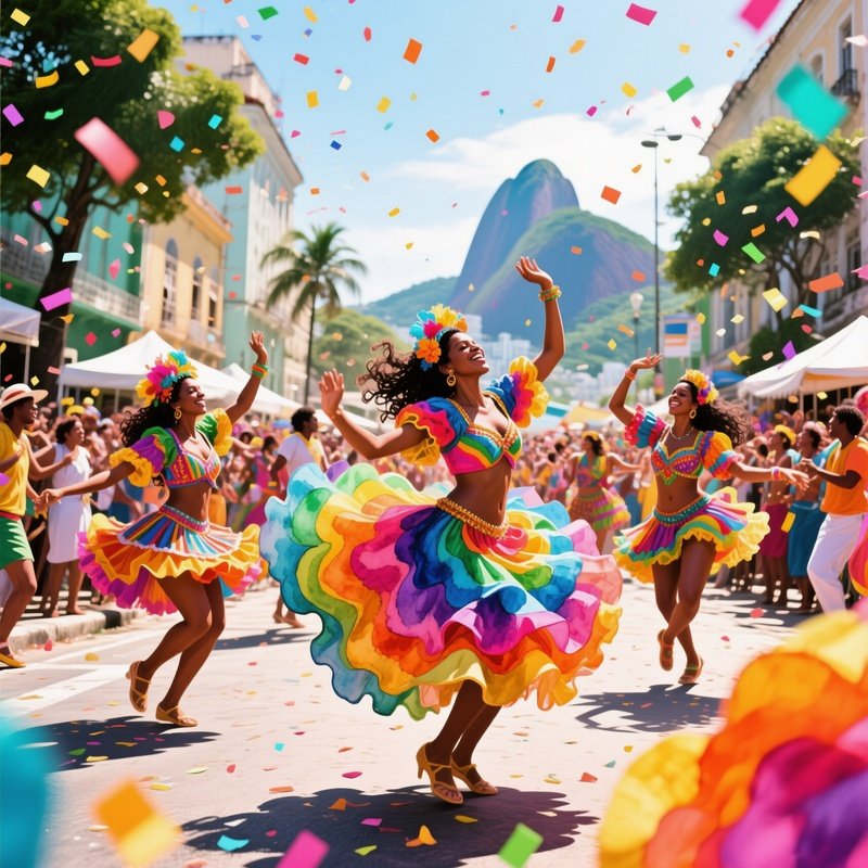 A Lively Street Festival In Rio De Janeiro, Samba Dancers In Colorful Costumes, Watercolor Swirls