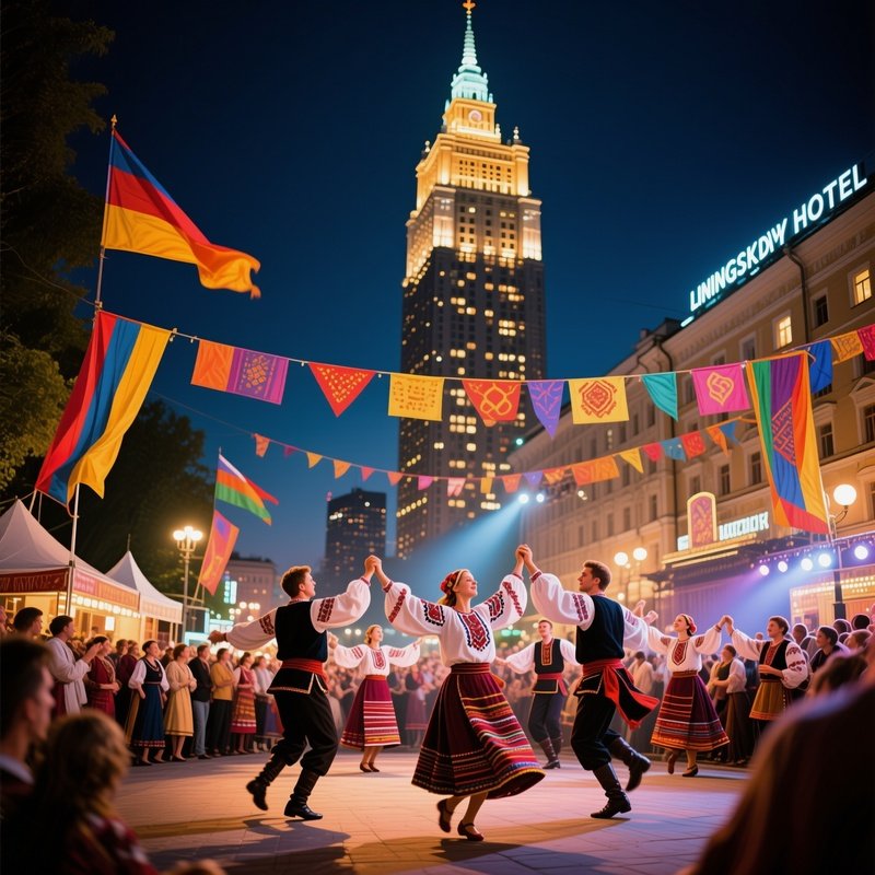 A Lively Street Festival Near The Leningradskaya Hotel, Colorful Banners Fluttering, Dancers
