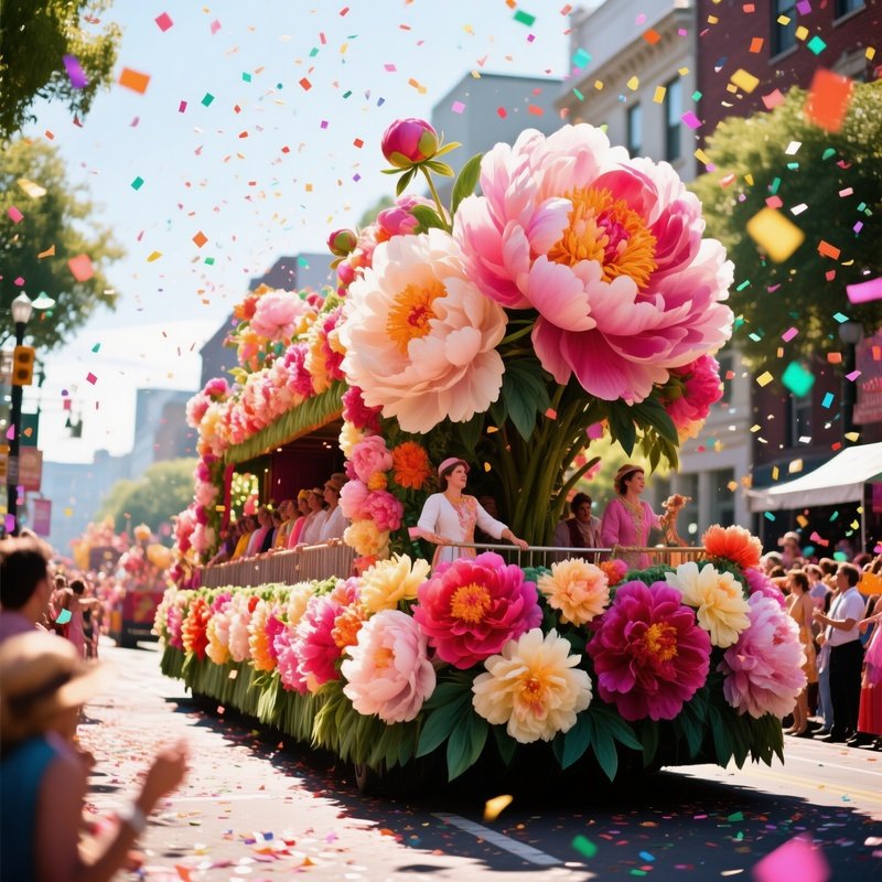 A Lively Street Festival Parade With Floats Covered In Massive Peonies And Dahlias, Confetti