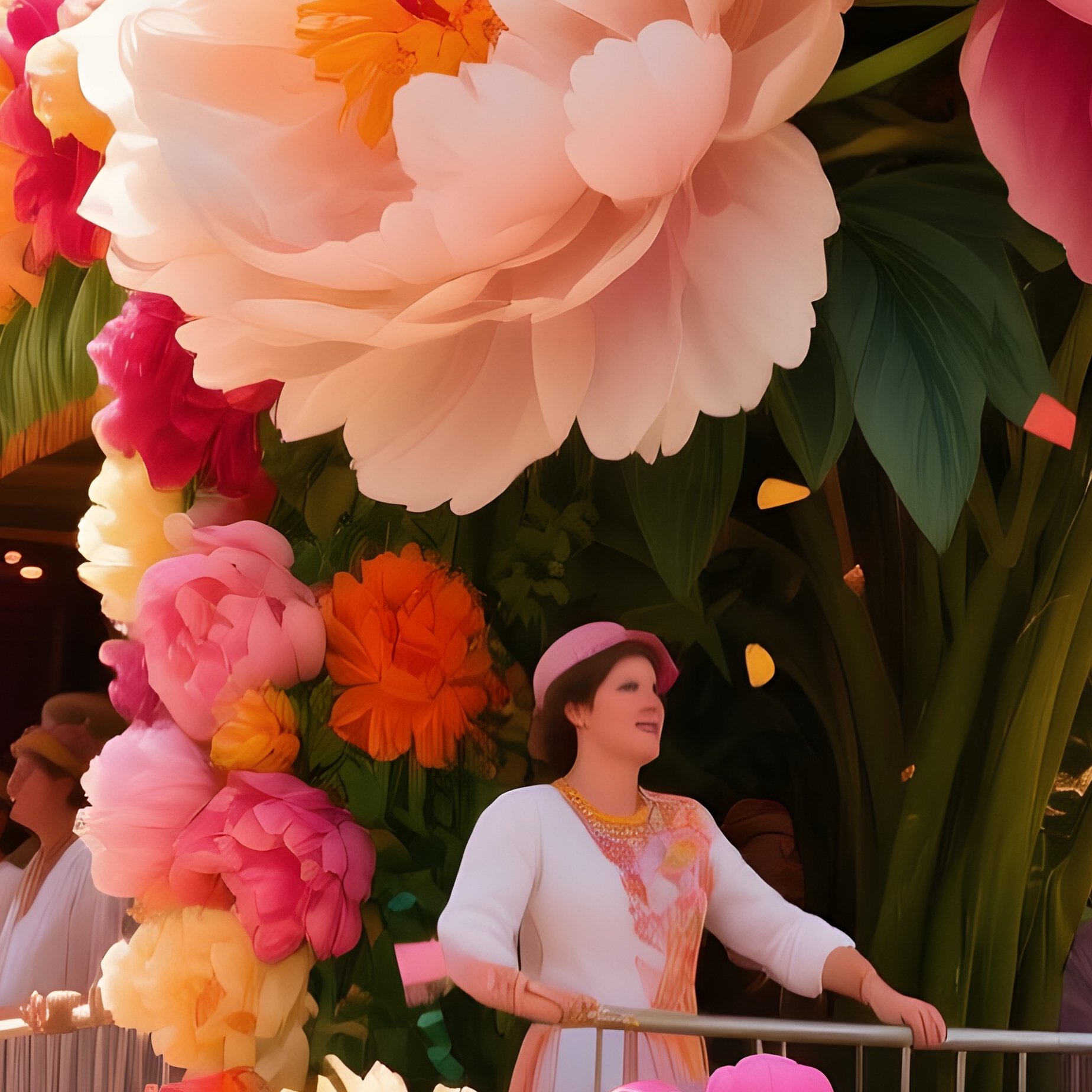 A Lively Street Festival Parade With Floats Covered In Massive Peonies And Dahlias, Confetti - Full Resolution Quality Preview