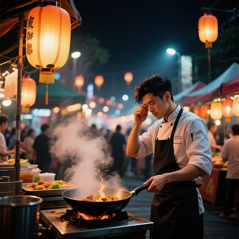 A Lively Street Food Festival At Night, Lanterns Glowing; A Chef Receives A Quick Trim To Keep Hair