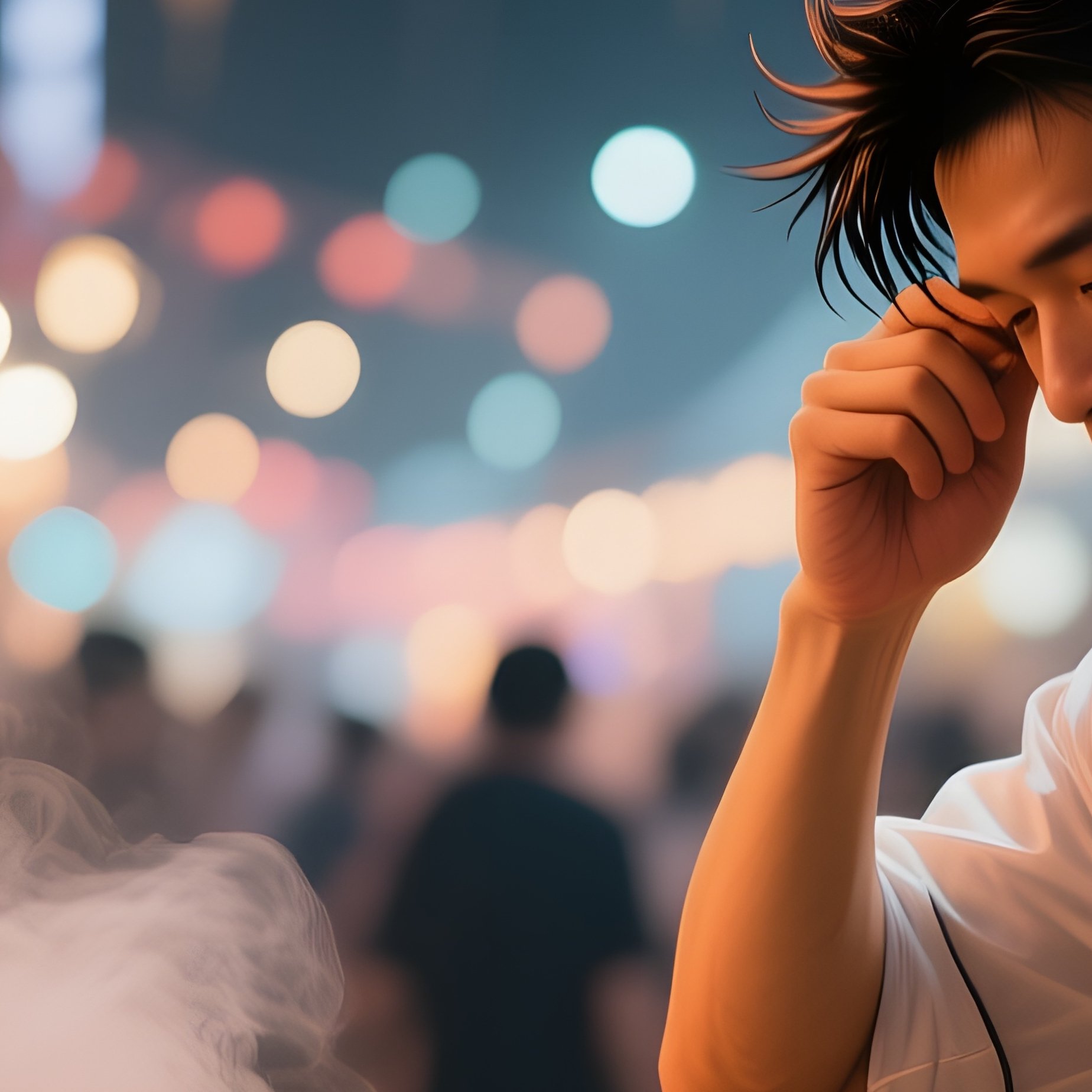 A Lively Street Food Festival At Night, Lanterns Glowing; A Chef Receives A Quick Trim To Keep Hair - Full Resolution Quality Preview