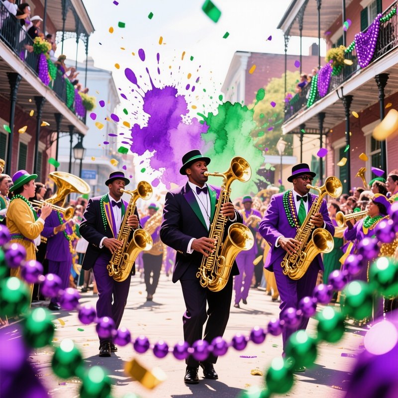 A Lively Street Parade In New Orleans During Mardi Gras, Beads Flying, Watercolor Bursts Of Purple,
