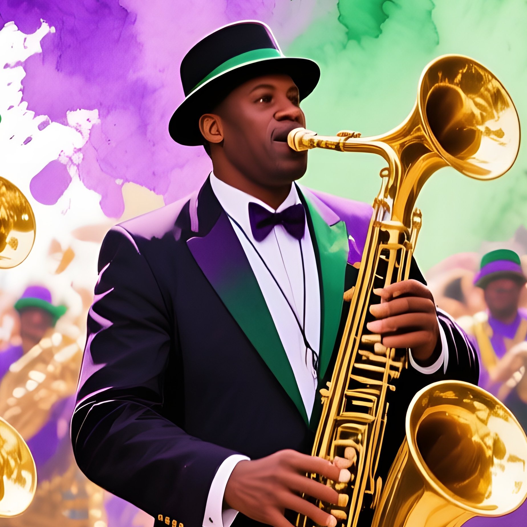 A Lively Street Parade In New Orleans During Mardi Gras, Beads Flying, Watercolor Bursts Of Purple, - Full Resolution Quality Preview