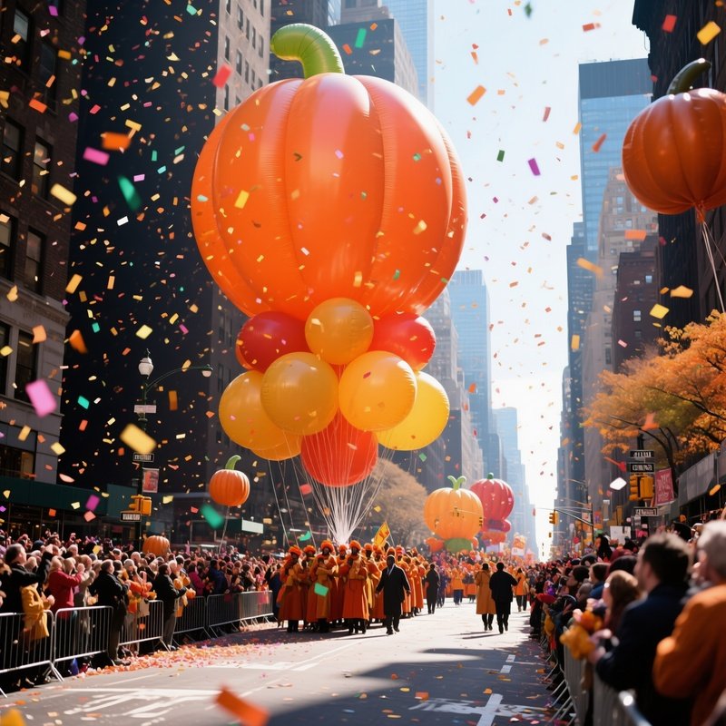 A Lively Street Parade In New York’S Thanksgiving Day Parade, Giant Balloons Towering Over Crowds,