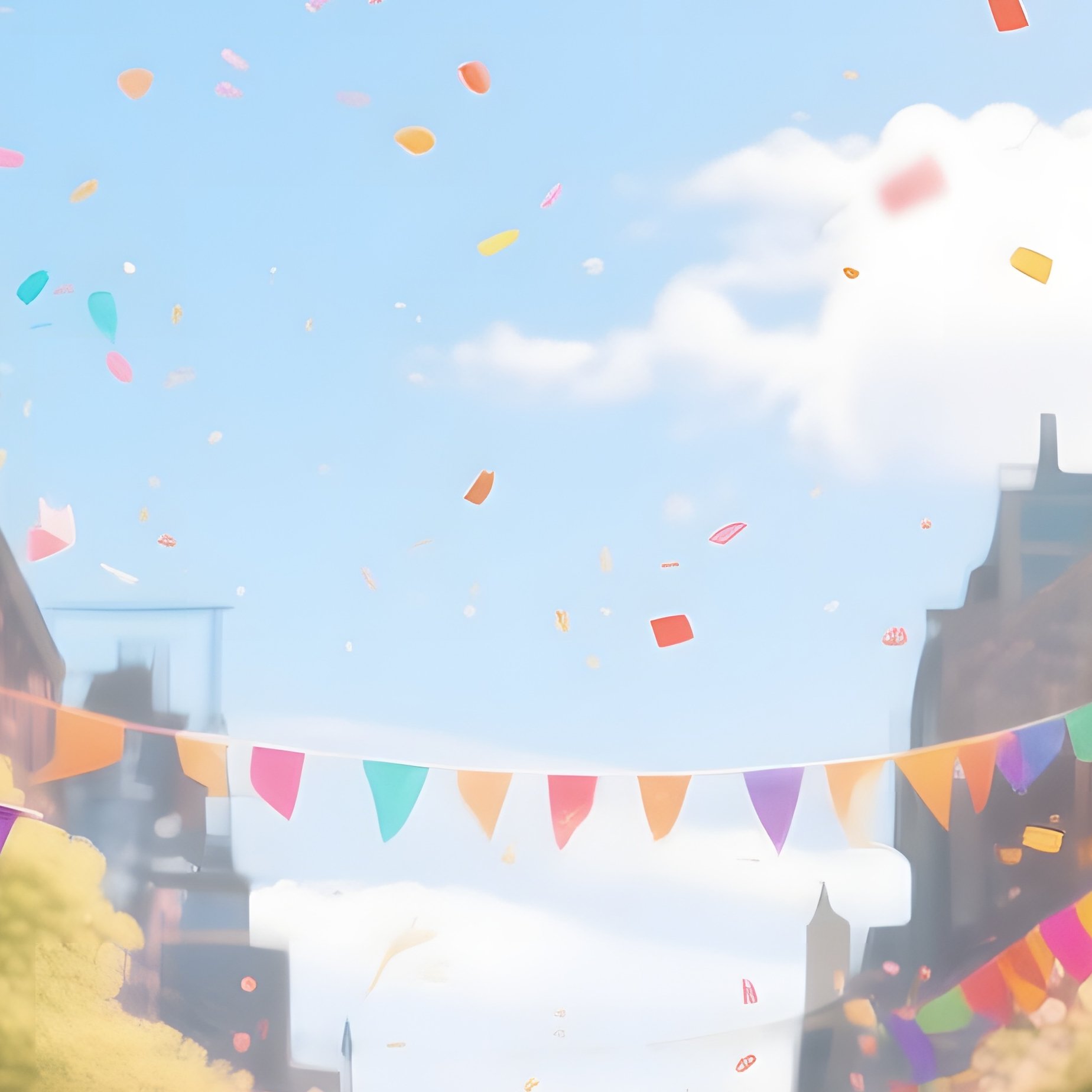 A Lively Street Parade In Spring, Colorful Banners Waving, Confetti Drifting, Sun High And Bright - Full Resolution Quality Preview