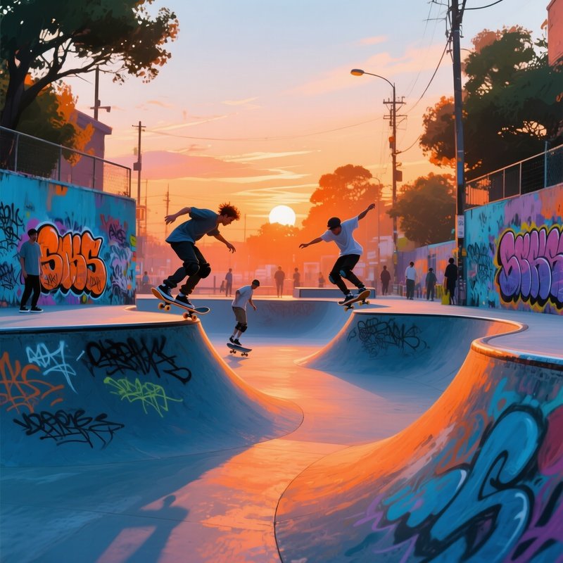 A Lively Street Skate Park At Sunset, Skaters Performing Tricks, Graffiti Walls, Watercolor Vibrant