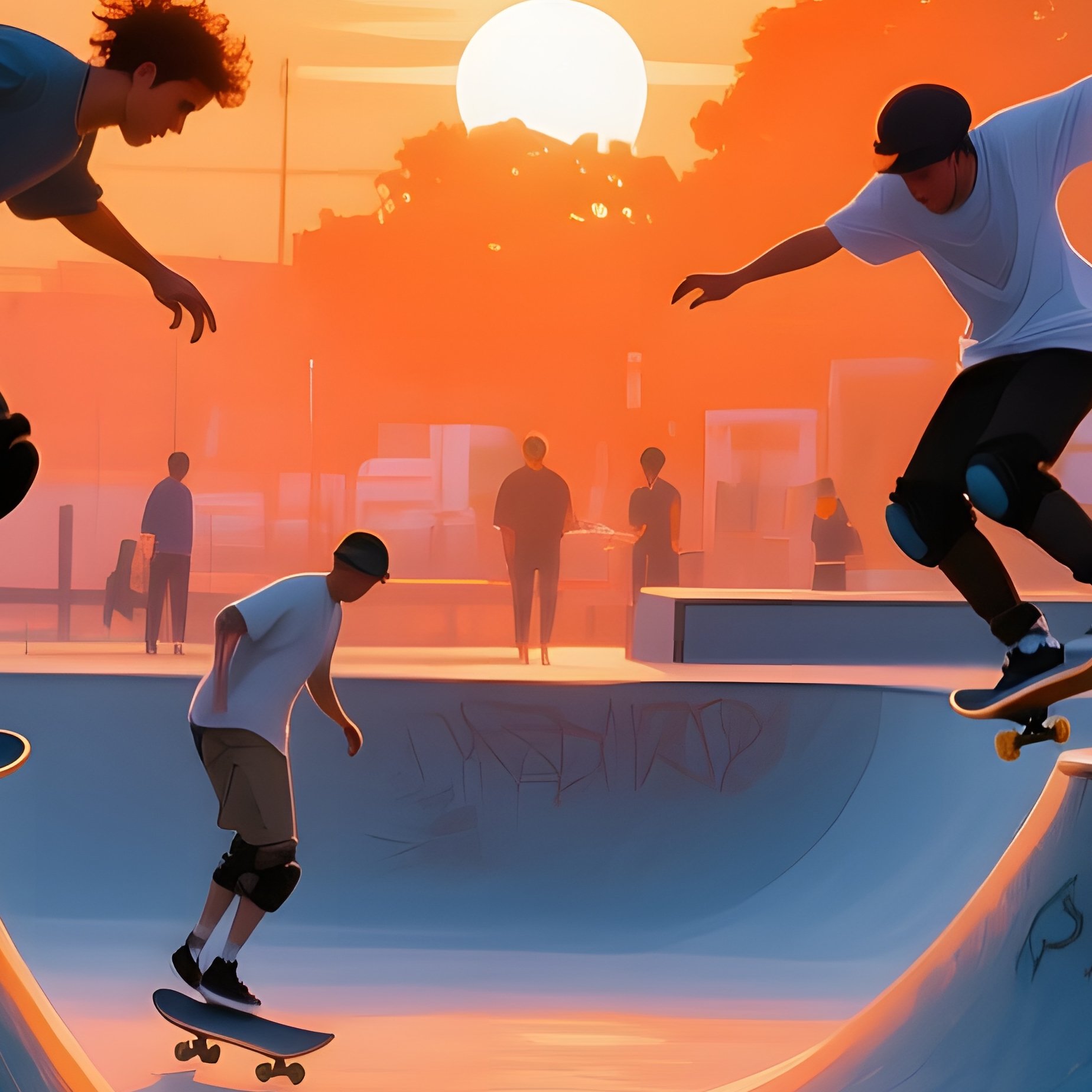 A Lively Street Skate Park At Sunset, Skaters Performing Tricks, Graffiti Walls, Watercolor Vibrant - Full Resolution Quality Preview