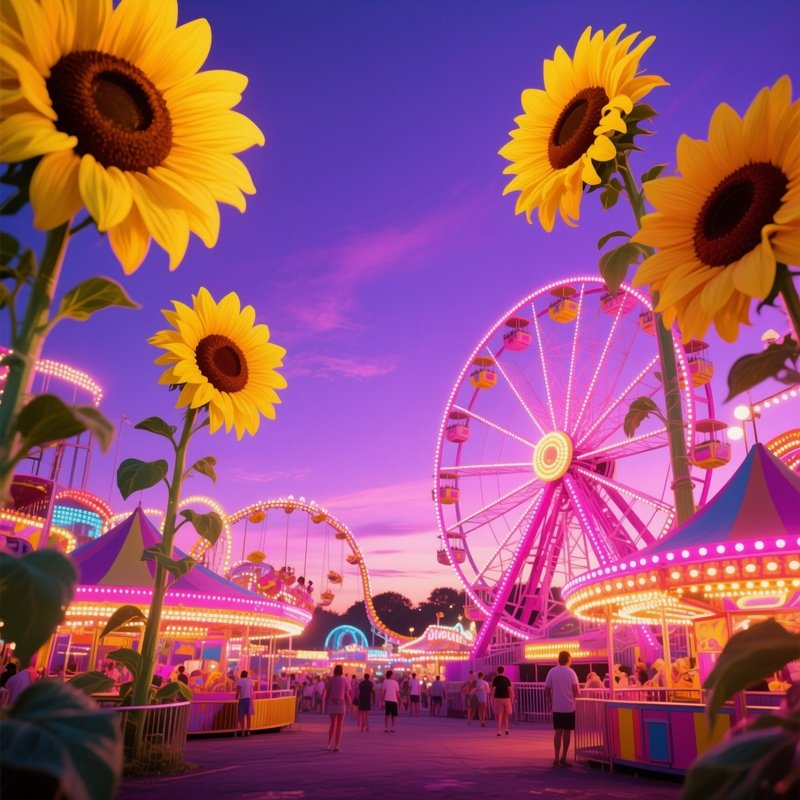 A Lively Summer Fairground At Dusk, Rides Surrounded By Towering Pop‑Art Sunflowers In Neon Yellow