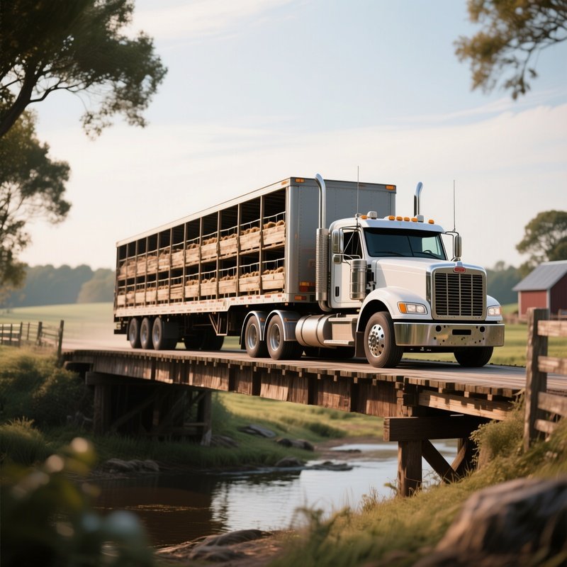 A Livestock Carrier Truck Crossing A Wooden Farm Bridge