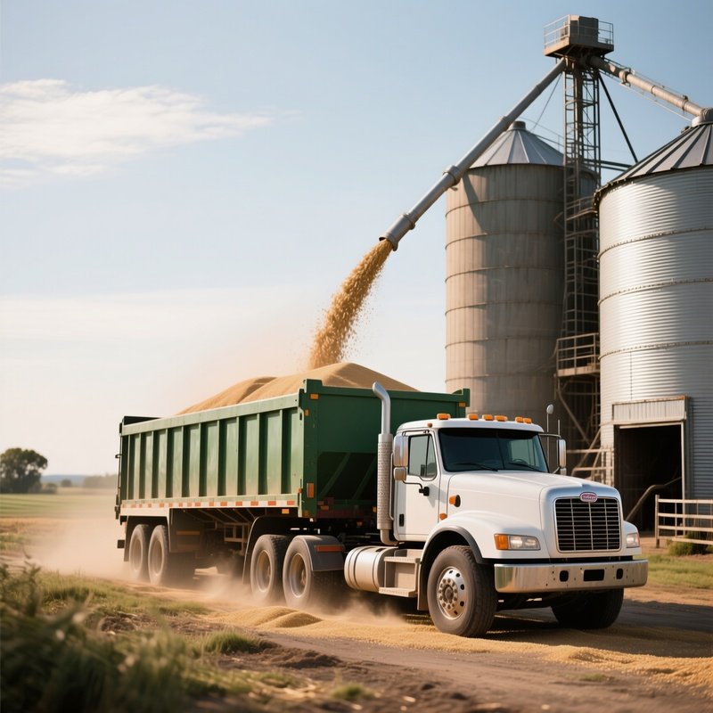 A Livestock Feed Truck Unloading Grain Into Farm Silos