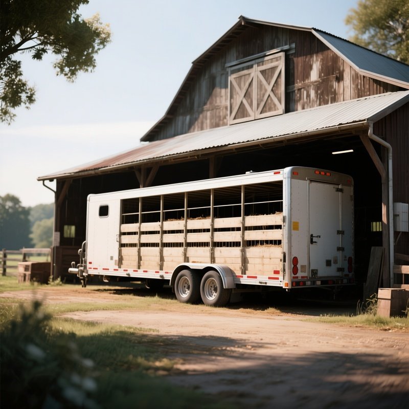 A Livestock Trailer Resting In The Shade Beside A Barn