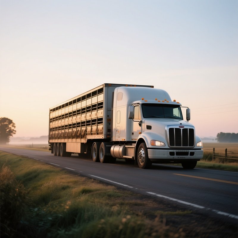 A Livestock Transport Truck Standing On A Farm Road At Early Dawn