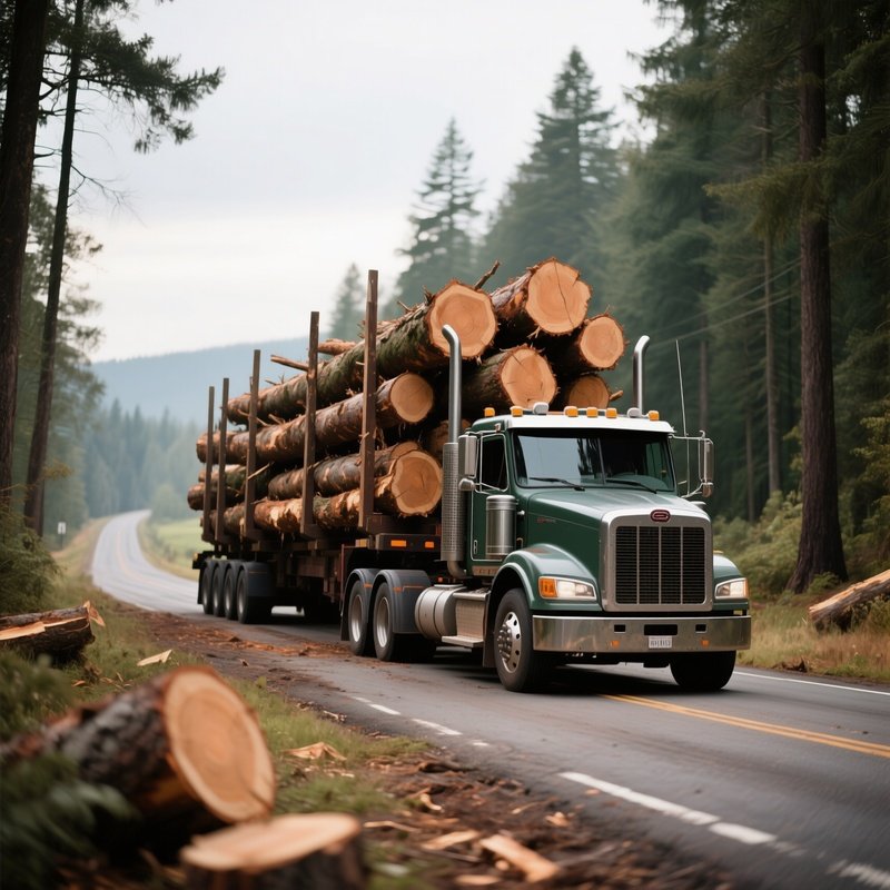 A Logging Truck Hauling Freshly Cut Timber Along A Rural Forest Road