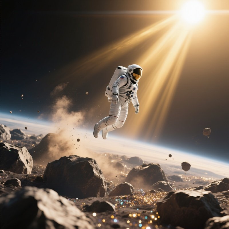 A Lone Astronaut In A Sleek White Spacesuit Floats Weightlessly Above A Glittering Asteroid Belt,