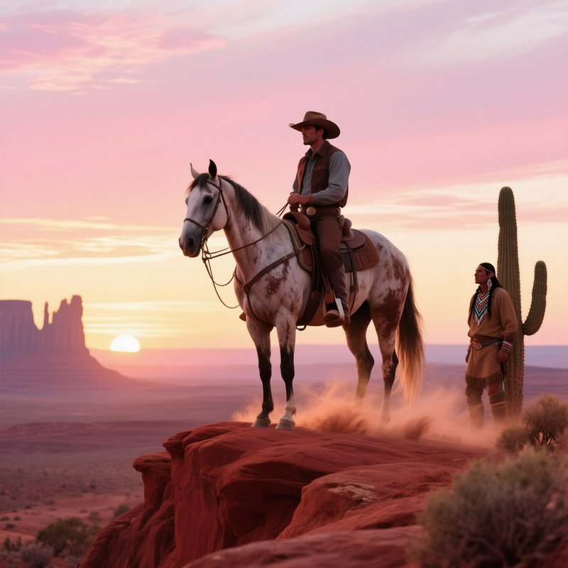 A Lone Cowboy On A Weathered Horse Pauses At Sunrise Atop A Red Sandstone Ridge, The Sky Painted In