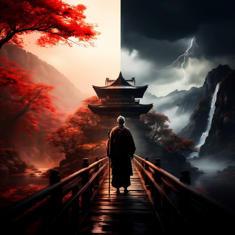 A Lone Figure Standing On A Bridge In A Split Landscape Digital