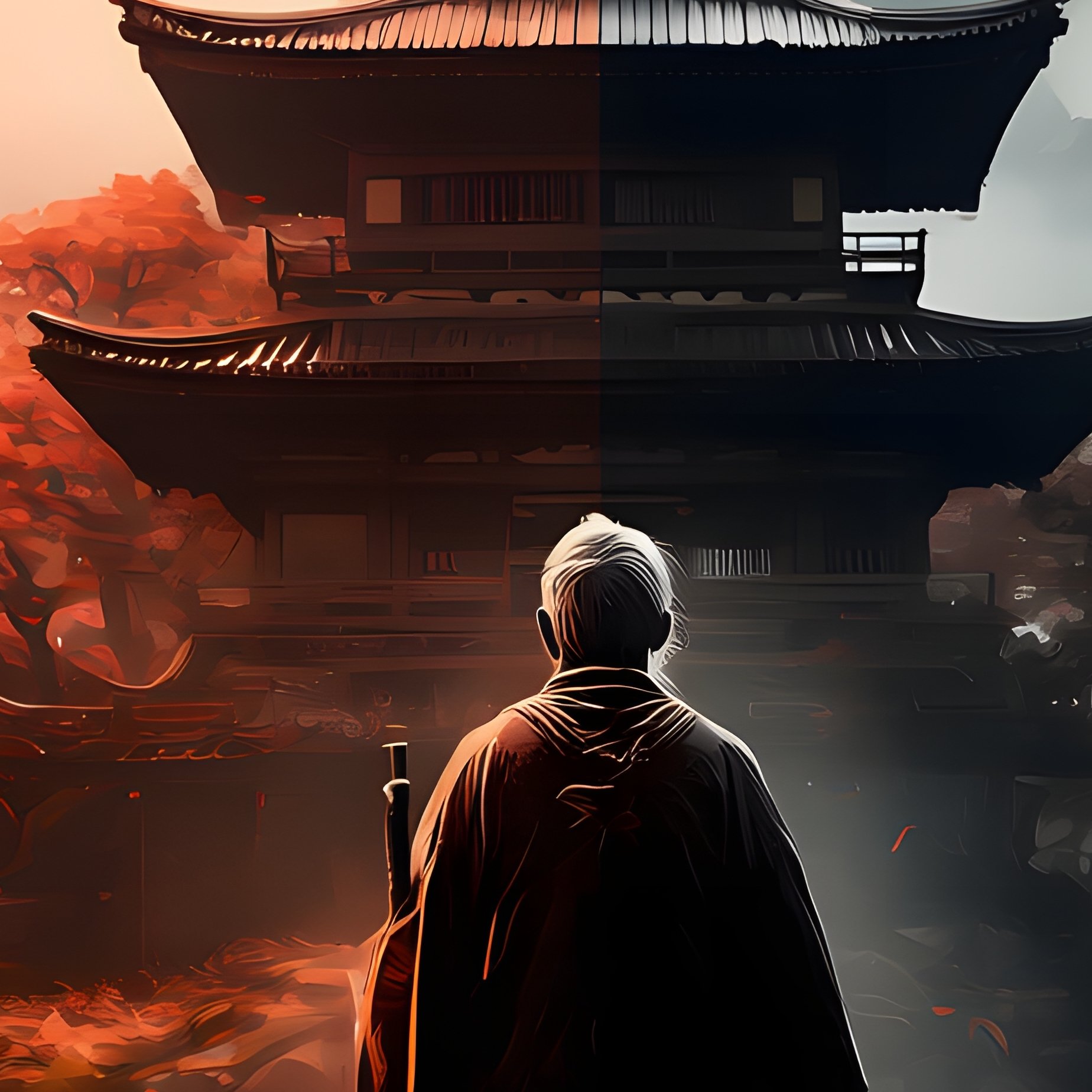 A Lone Figure Standing On A Bridge In A Split Landscape Digital - Full Resolution Quality Preview