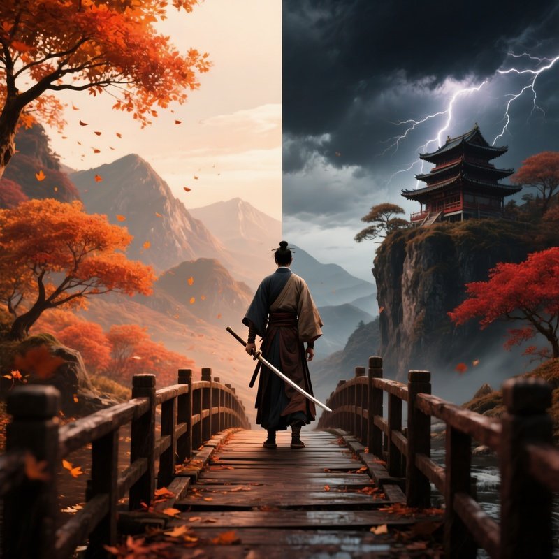 A Lone Figure Standing On A Bridge In A Split Landscape Digital