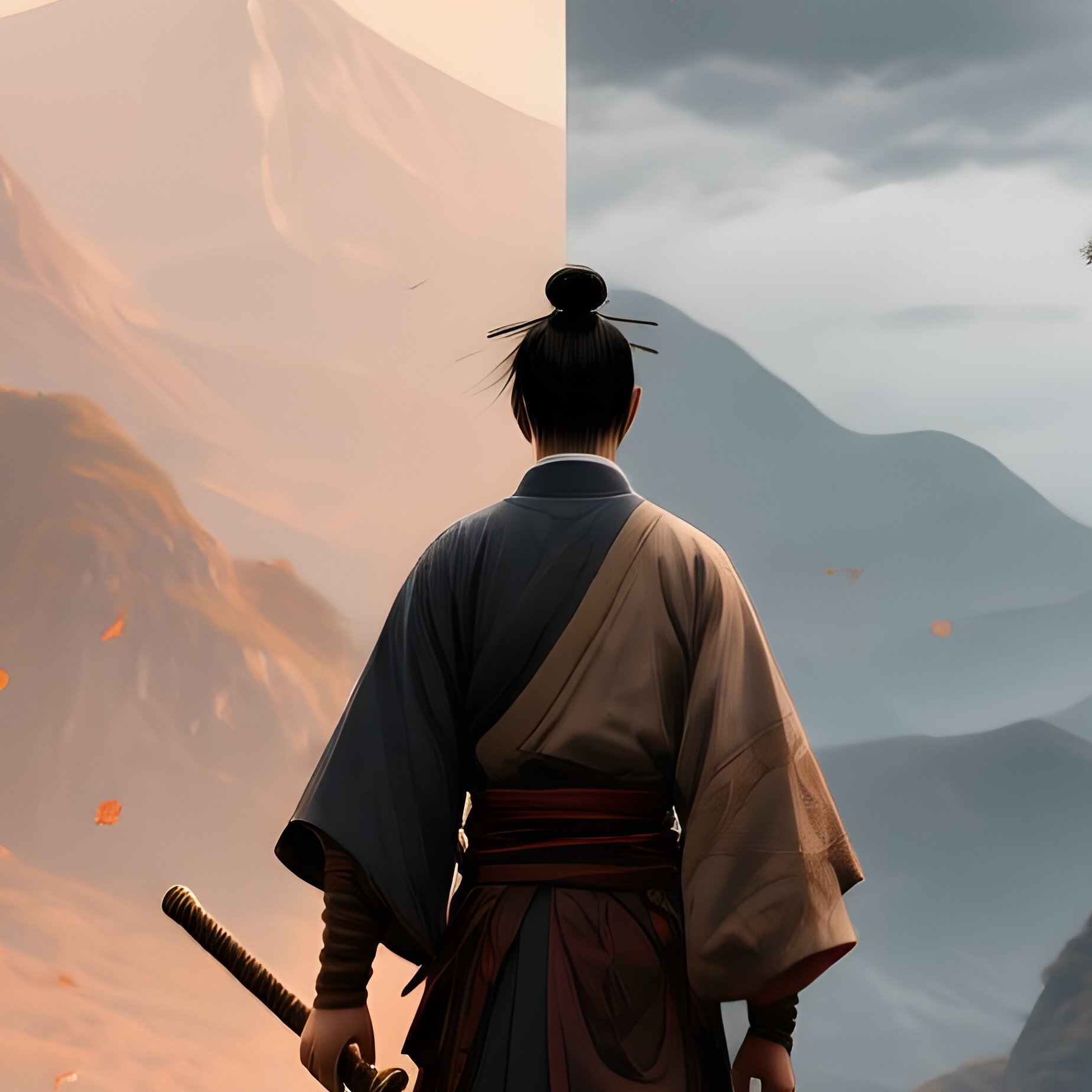 A Lone Figure Standing On A Bridge In A Split Landscape Digital - Full Resolution Quality Preview