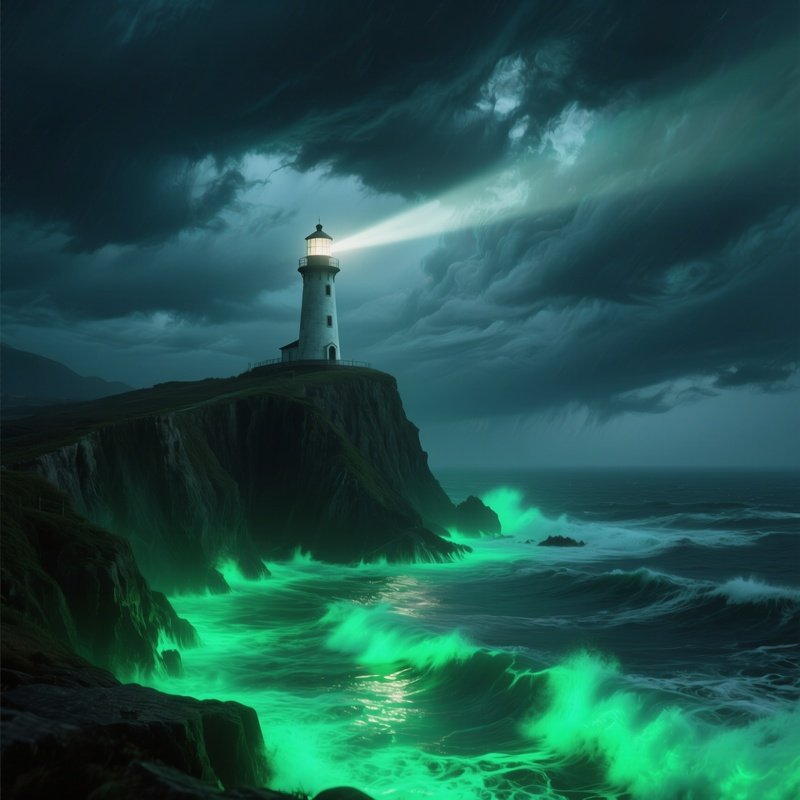 A Lone Lighthouse Stands On A Jagged Cliff Under A Stormy Sky, Its Beam Cutting Through Swirling