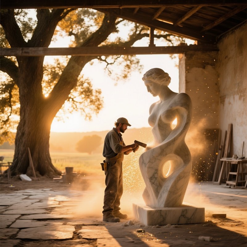 A Lone Marble Sculptor Chisels A Towering Abstract Figure In A Sunlit Open Air Studio Surrounded By