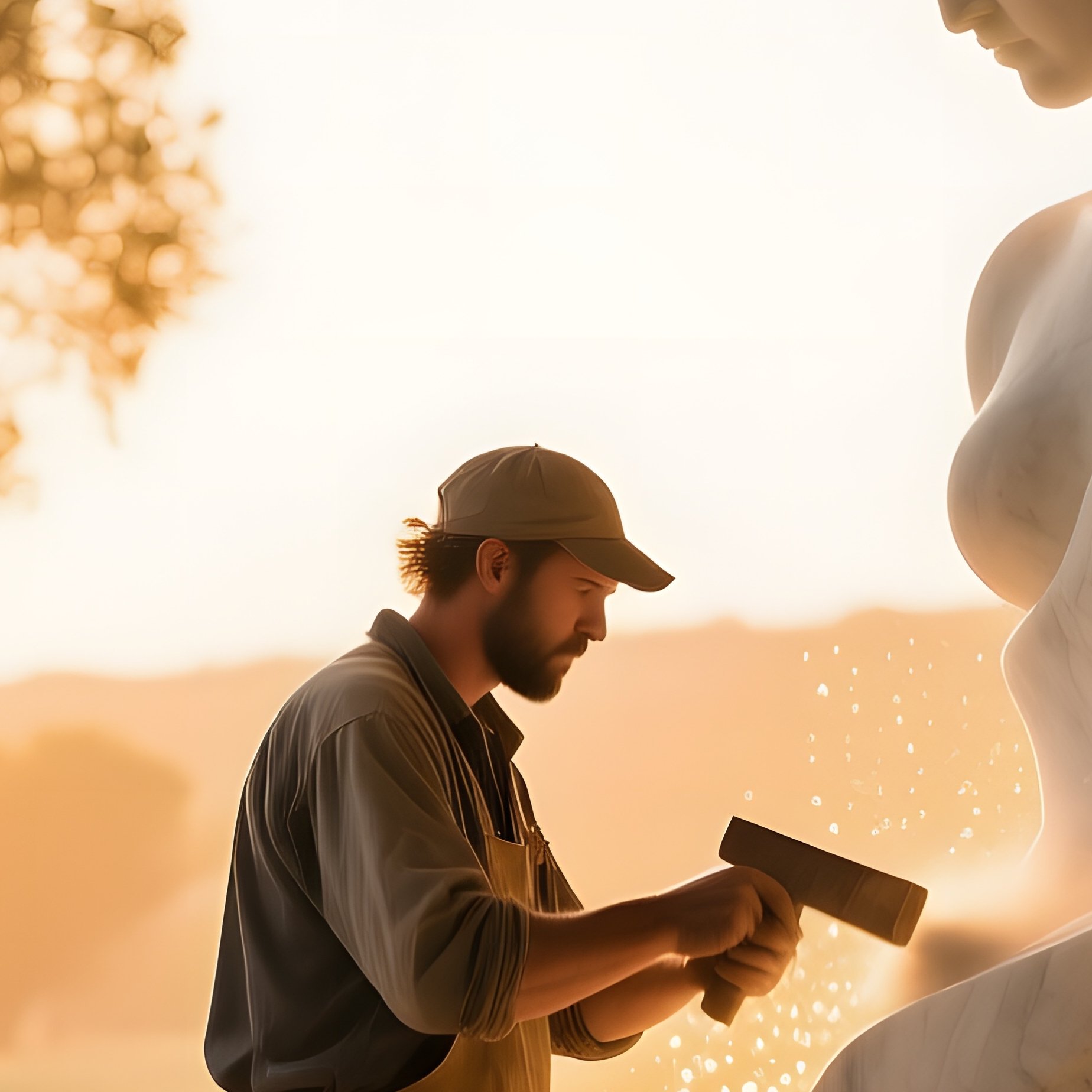 A Lone Marble Sculptor Chisels A Towering Abstract Figure In A Sunlit Open Air Studio Surrounded By - Full Resolution Quality Preview