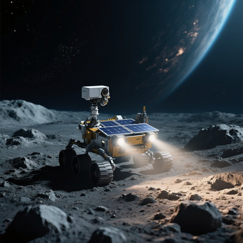 A Lone Rover Equipped With Solar Panels Traverses A Rugged Asteroid Covered In Fine Regolith, Its