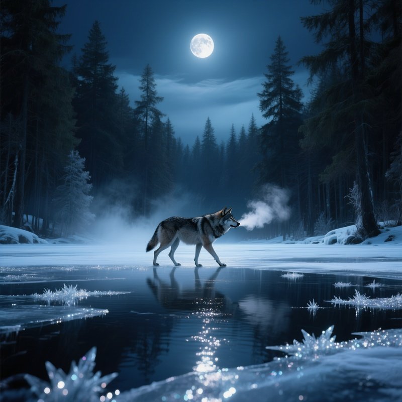 A Lone Wolf Prowls Across A Moonlit Frozen Lake In A Dense Pine Forest, Its Breath Visible As Vapor