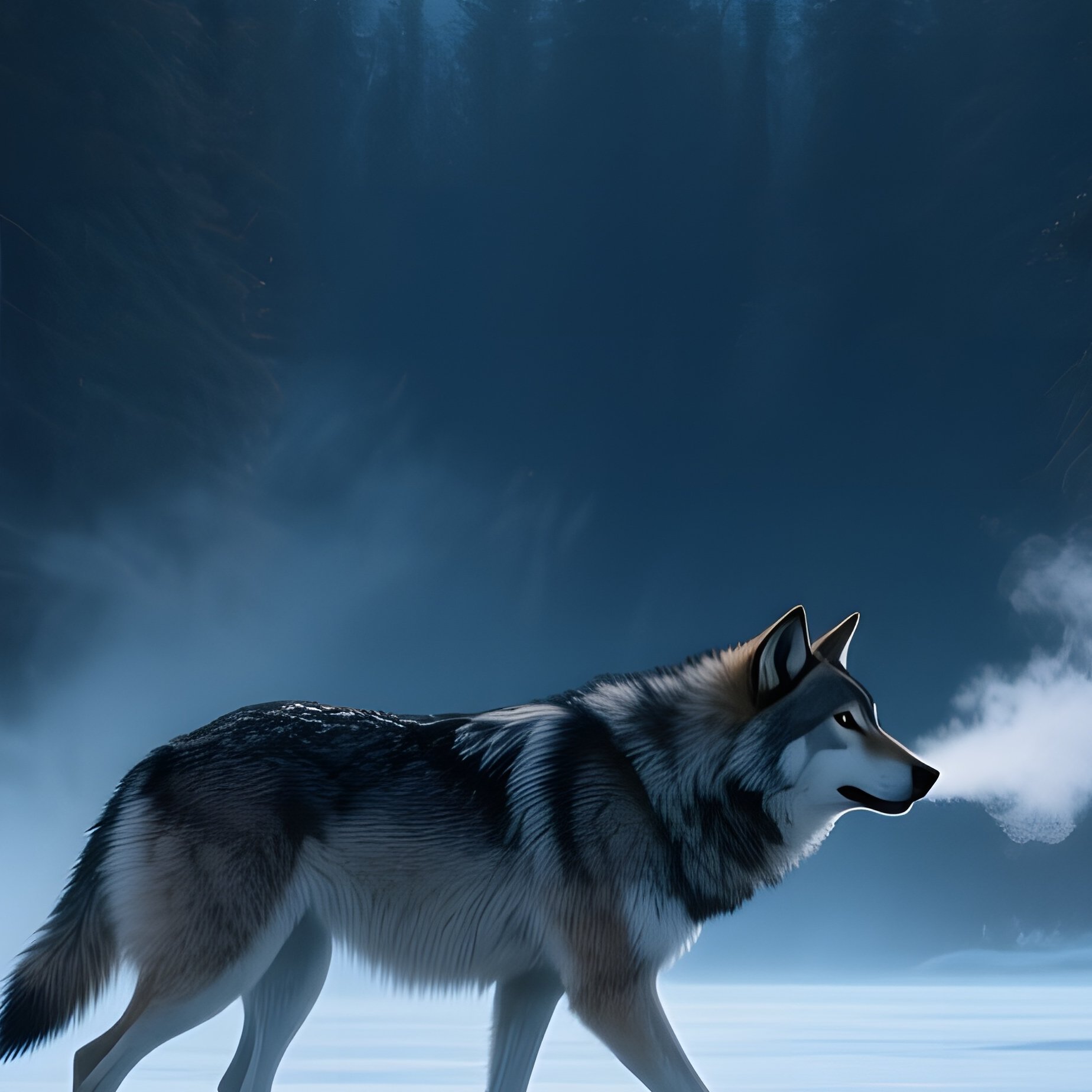 A Lone Wolf Prowls Across A Moonlit Frozen Lake In A Dense Pine Forest, Its Breath Visible As Vapor - Full Resolution Quality Preview