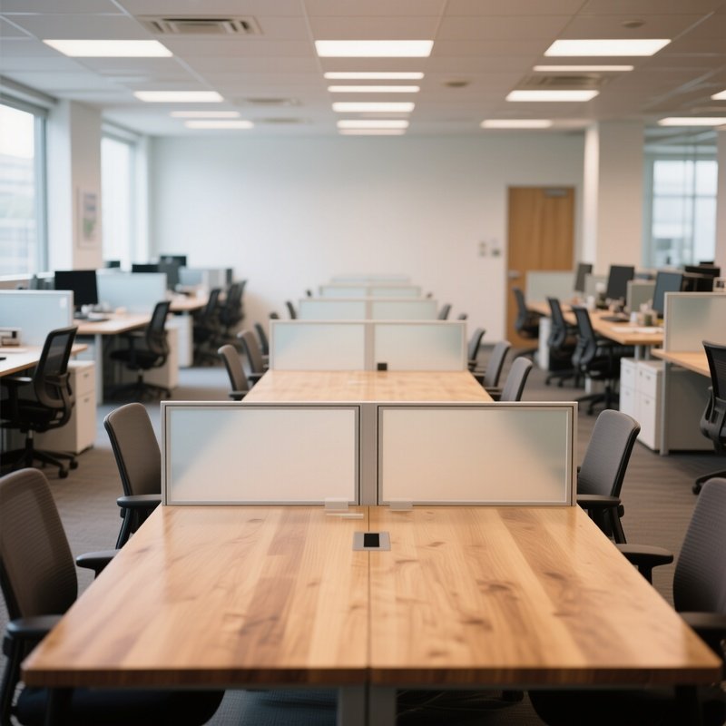 A Long Communal Wooden Table In A Shared Workspace, With Multiple Workstations Separated By Small Frosted Glass Dividers For Privacy.