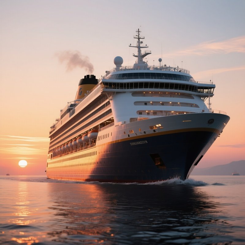 A Long Distance Cruise Ship Departing On A Sunset Voyage