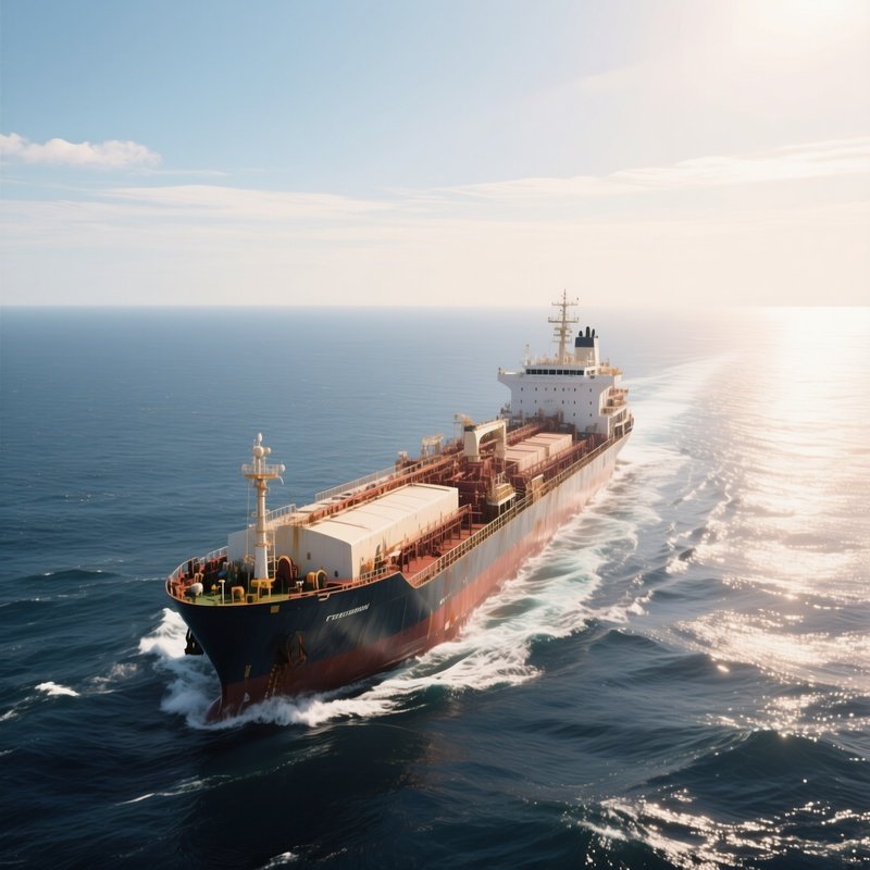 A Long Distance Tanker Crossing Vast Open Ocean Under Sunlight