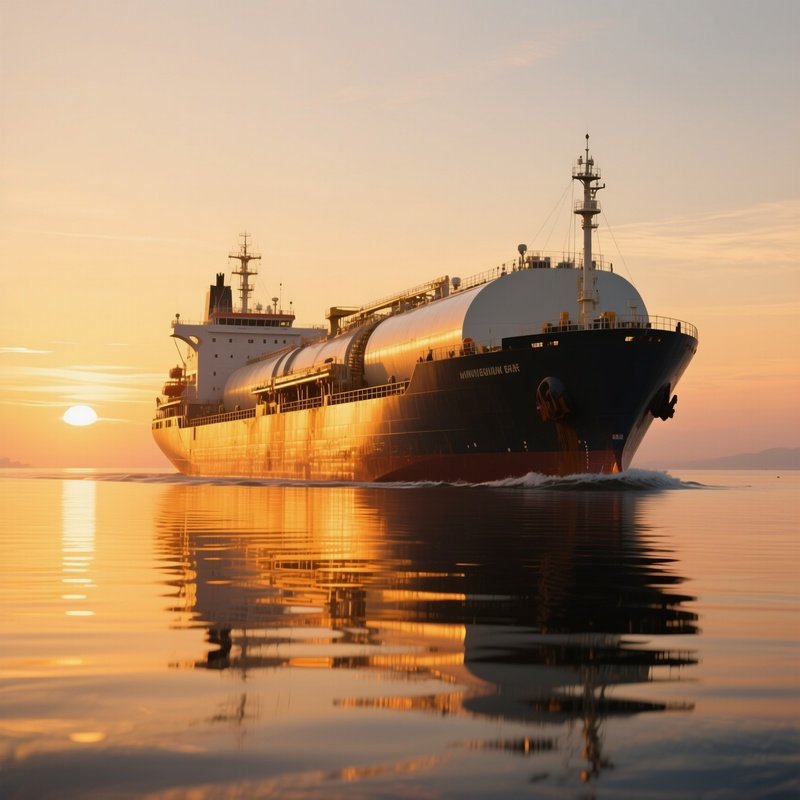 A Long Distance Tanker Sailing Through Golden Sunset Reflections