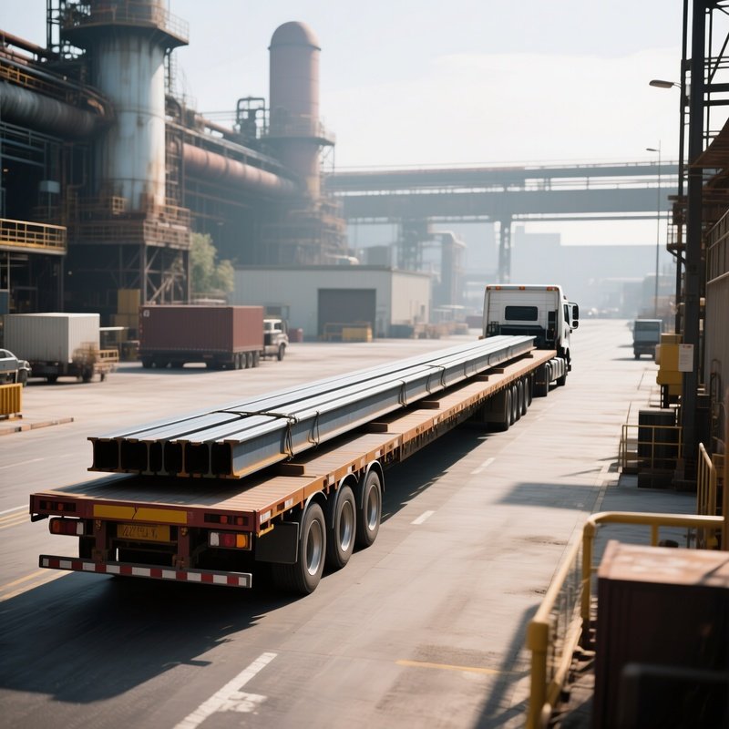 A Long Flatbed Truck Transporting Steel Beams Through An Industrial Zone