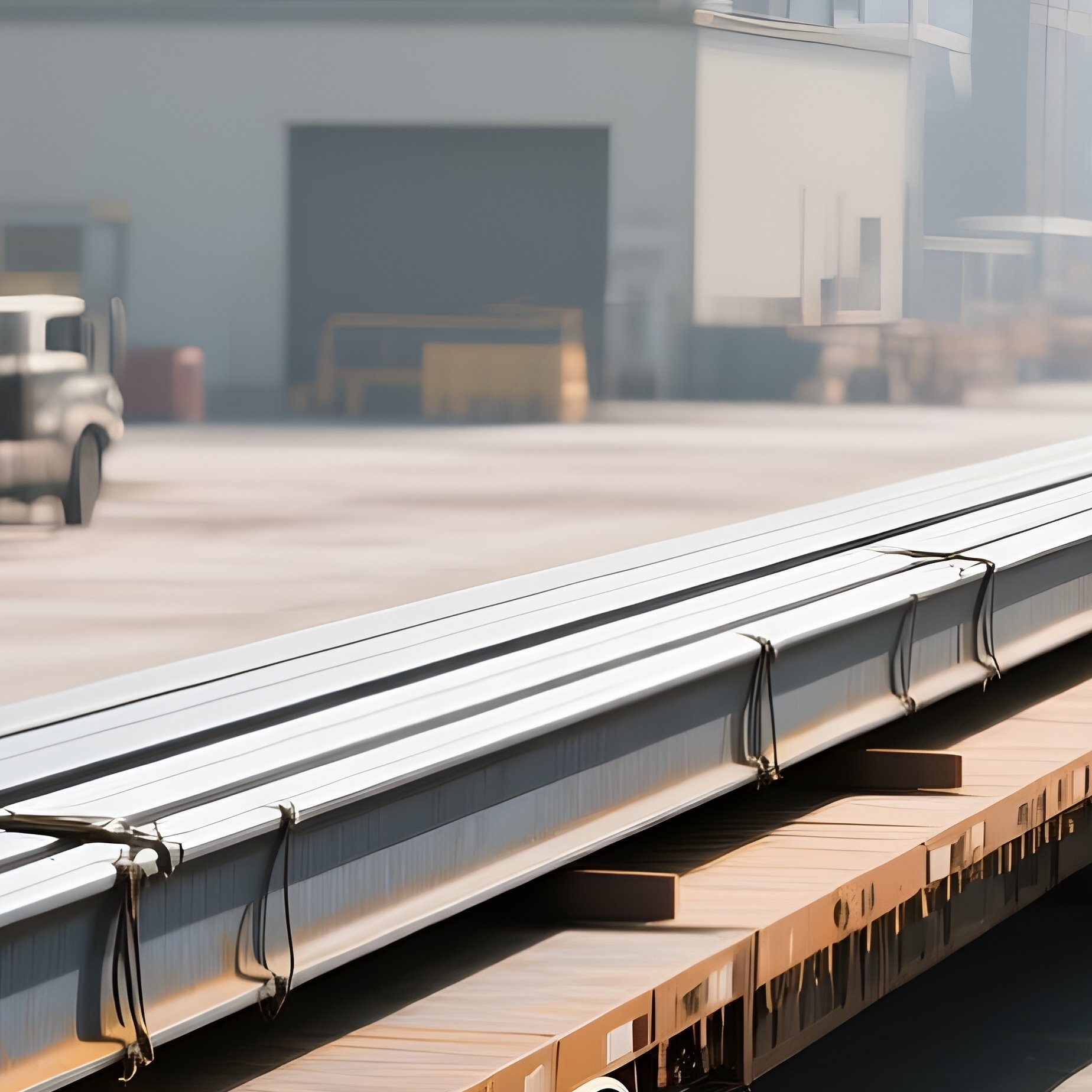 A Long Flatbed Truck Transporting Steel Beams Through An Industrial Zone - Full Resolution Quality Preview