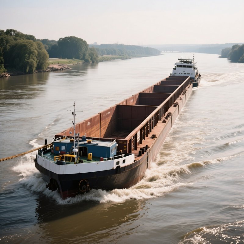 A Long Freight Barge Being Pushed Upriver Against The Current