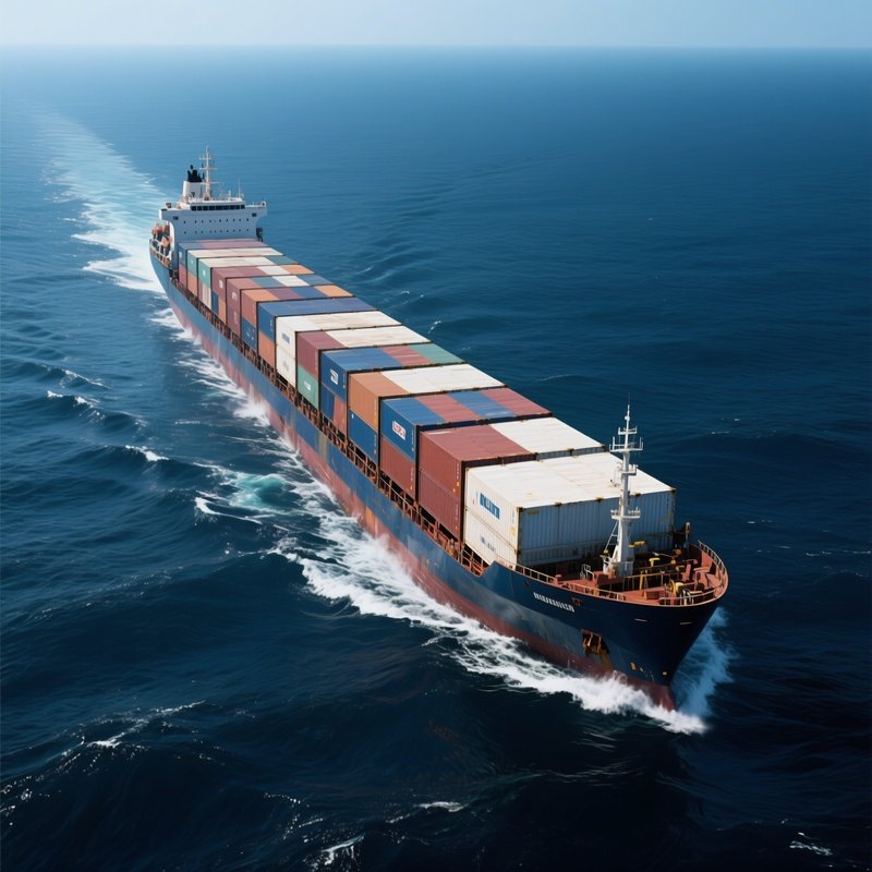 A Long Haul Cargo Ship Cutting Through Dark Blue Endless Sea