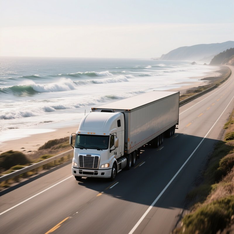 A Long Haul Truck Cruising Along A Coastal Highway With Waves In The Distance